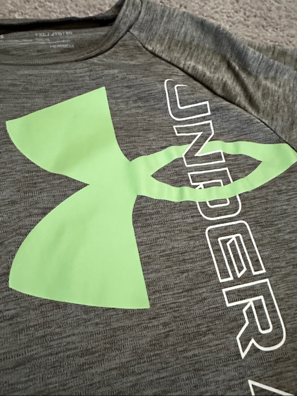 Under Armour Gray Tee and Olive Shorts with Neon Green Logo - Picture 3 of 10